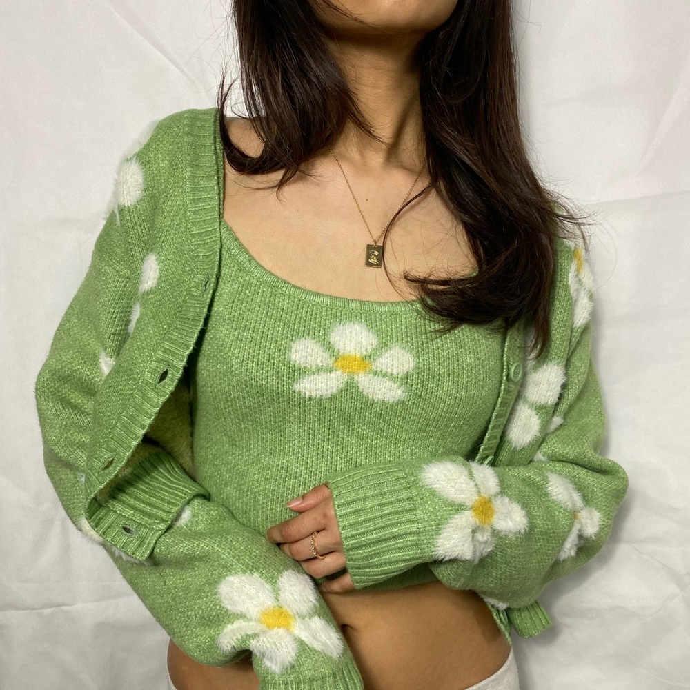 LA Hearts Green Heartbreaker Cardigan and Tank Set, Size XS